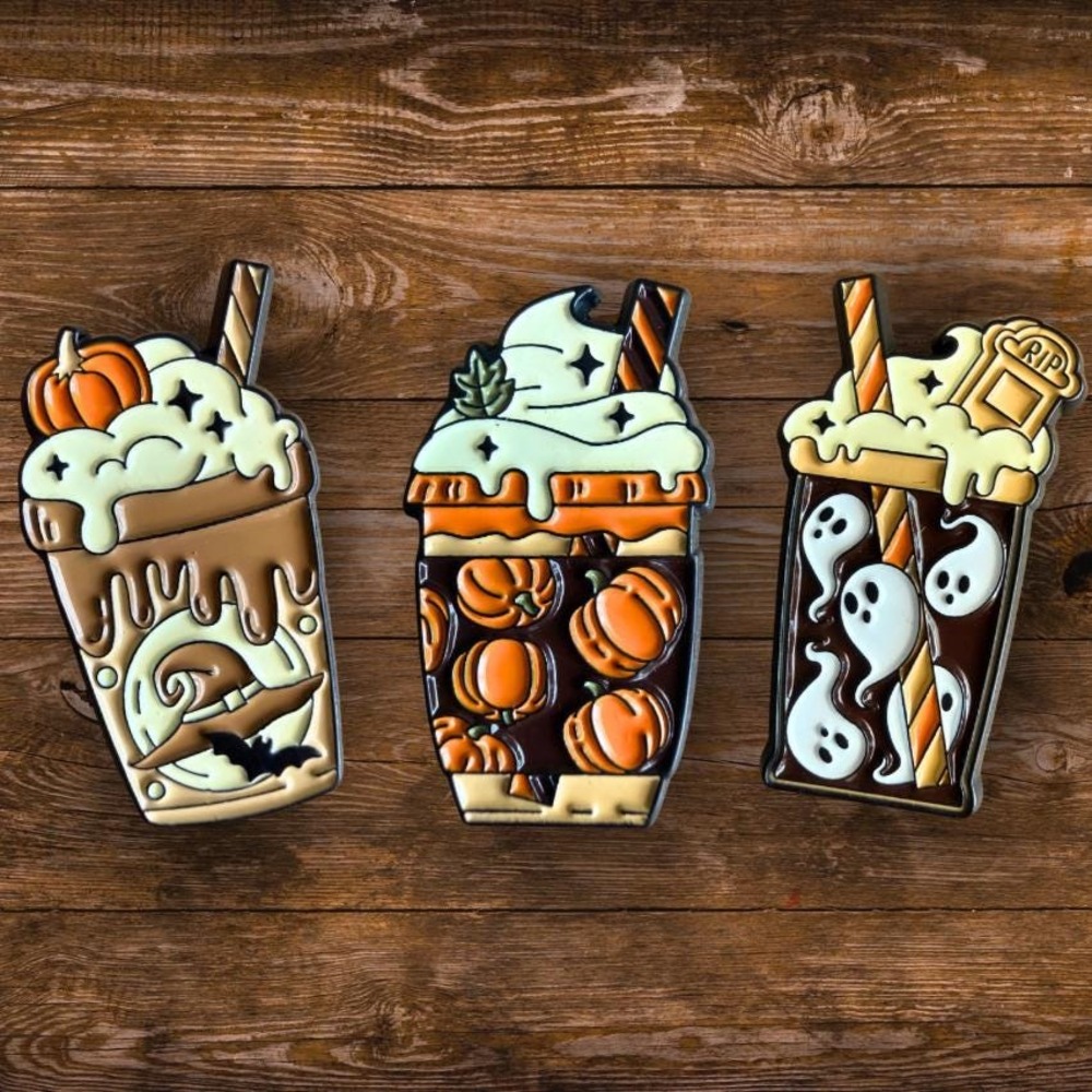 Pumpkin Spice Latte Witchy Spooky Ghost Autumn Cute Whimsigoth Enamel Pin Set